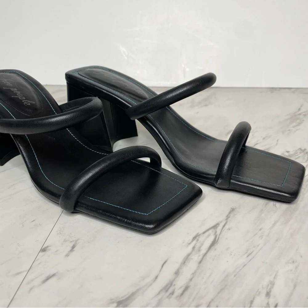 New! Free People Parker Double Strap Square Toe Black Leather Heeled Sandal 41